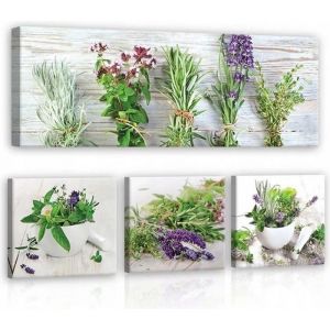 Impression sur Toile 4 parties Cuisine Herbes 80x55 cm XXL Tableau Décoration Murale Intissée pour Salon Chambre pret a accroche