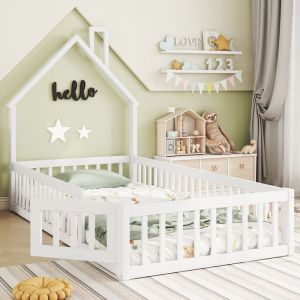 Lit cabane enfant 90x200 cm en bois de pin avec barrières de sécurité – design cheminée lit évolutif bois style scandinave blanc