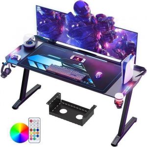 Bureau Gaming - HOMDOX - LED - 160 x 70 cm - Fibre de Carbone - Noir - Lumières RGB Cool - Tapis de Souris - MEUBLE MULTIMEDIA