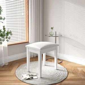 Tabouret de Coiffeuse Blanc Moderne Rembourr&eacute; Sans Dossier Cuir PU Doux Pieds en Bois Massif Pouf Ottoman