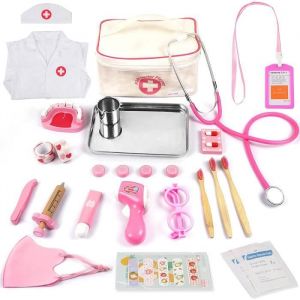 Mallette Docteur Enfant Jouet - 32Pièces Kit du Docteur Médicale Jouet avec Stéthoscope Jeu dimitation Cadeau Rose