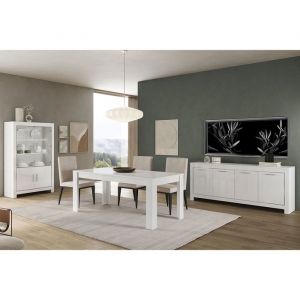 DENAE - Ensemble S&eacute;jour Complet Laqu&eacute; Blanc Brillant Table 160cm + Buffet + Vitrine Leds