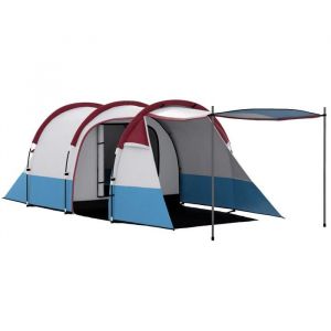 Tente De Camping Tunnel 3 Personnes - 2 Chambres + Auvent - Crochet Éclairage - 2000mm Déperlante - Sac Transport - Rouge