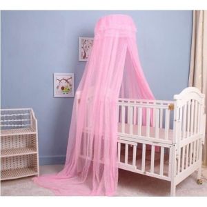 Ciel de lit b&eacute;b&eacute; - Voile de maille - Rose - Hauteur 200cm - P&eacute;rim&egrave;tre 520cm - Support inclus