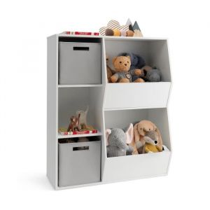 COSTWAY Bibliothèque pour Enfants à 5 Compartiments-2 Bacs en Tissu 3 Étagère de Rangement Ouverts pour Jouets 77 x 33 x 935 cm