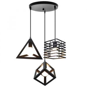IDEGU Lampe Suspension Vintage E27 Lustre Edison Cage Forme Diamant en M&eacute;tal avec C&acirc;ble R&eacute;glable 1M pour Cuisine Chambre