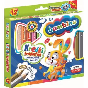 BAMBINO Crayons triangulaires en bois encadr&eacute;s 12 couleurs + taille-crayon