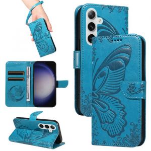 Papillons Housse Pour Samsung Galaxy S24 Etui Portefeuille Antichoc Housse avec Porte-Cartes Fonction de Support Bleu