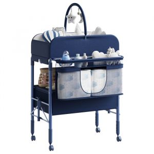 Table &agrave; langer portable avec 2 paniers de rangement -Commode pliante r&eacute;glable en hauteur avec roulettes -pour b&eacute;b&eacute;s-Bleu