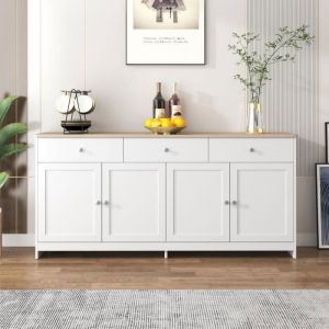 Buffet bahut - Armoire de salon moderne - Buffet en bois blanc veiné - 4 portes 3 tiroirs - Blanc - 160*37*75cm