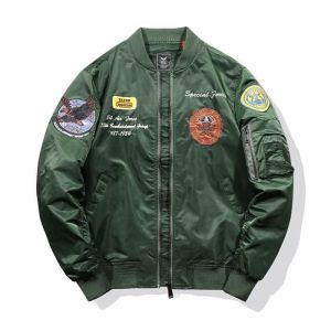 Blouson Homme Bomber Col Officier Printemps et Automne Veste Aviateur Broderie Tissu Confortable - Vert