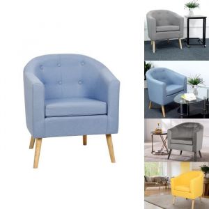 Willonin® Fauteuil style scandinave dossier capitonné en tissu 64 x 60 x 70 cm - Chaise Bleu clair et pieds en bois