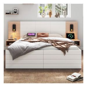 Lit Double en Bois 160&times;200 cm avec 2 Tiroirs Cadre de Lit Adulte avec 2 Tables de Chevet Lit Double Led et Usb  Ch&ecirc;Ne + Blanc