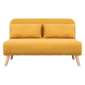 Miliboo - Chauffeuse 2 places convertible en tissu effet velours moutarde et bois clair AMIKO