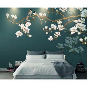Papier Peint Panoramique Fleurs Et Oiseaux Modernes De Cour Peints Papier Peint Intissé 3D Decoration Murale Chambre Salon