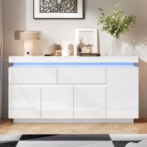 Buffet bas brillant 140x35x72cm Meuble de rangement moderne avec lumi&egrave;re LED 2 tiroirs 4 portes pour salon cuisine chambre - blanc