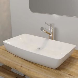 Lavabo rectangulaire en céramique blanc OVONNI - 71 x 39 cm - Facile à nettoyer