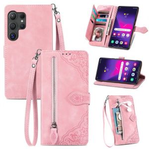 Coque pour Samsung Galaxy S24 Ultra 6.8 Etui Housse en Cuir PU [Fentes Cartes] Pochette Flip Case (Vigne fleurie rose) SZY6