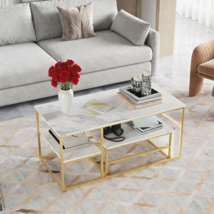 Table Basse Salon avec Rangement - Cadre M&eacute;tallique Robuste - Coins Arrondis S&eacute;curit&eacute; -Supporte 50kg -105x52x48.5cm -Dor&eacute;