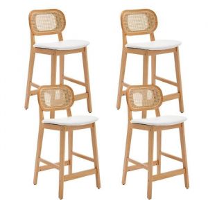 Wahson Tabouret de Bar Lot de 4 Tabouret Chaise de Bar en Bois et Cannage avec Coussin Imperméable pour Cuisine Similicuir Blanc