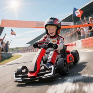 Kart &eacute;lectrique pour enfants avec klaxon et fonction musicale si&egrave;ge r&eacute;glable jusqu&agrave; 12 km/h plastique et m&eacute;tal rouge.