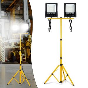 HENGMEI Lot de 2 projecteurs de construction 200 W blanc froid avec trépied télescopique Intérieur Extérieur IP66 3m fil électrique