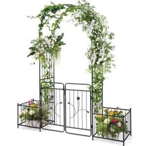 COSTWAY Arche de Jardin pour Plantes Grimpantes H 220cm-en Treillis Métallique-Portail Verrouillable-Jardinières Latérales-2 Portes