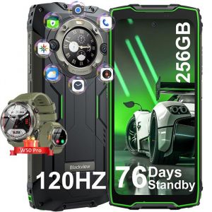 Blackview BV9300 Pro Téléphone Portable Incassable 6.7 16Go+256Go 15080mAh 33W 64MP NFC Vert avec Smartwatch Blackview W50 Pro