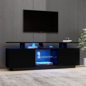 Meuble TV Noir Moderne - Eclairage LED Casier Elégant pour Télé 60 pouces - 2 Portes Brillantes - Etagère en Verre -140x35x55cm