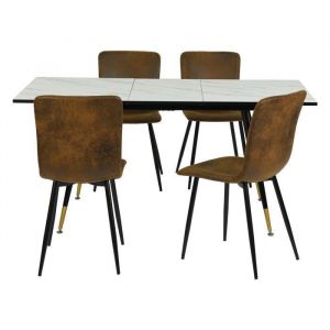 URBAN MEUBLE - ensemble de salle &agrave; manger - 5 pi&egrave;ces - Table &agrave; manger extensible blanche - avec 4 chaises en daim marron