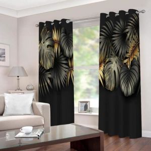 Rideaux Salon - Feuille de bananier dor&eacute; Noir - Occultant - 135x240CM