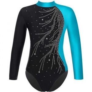 iixpin Enfant Fille Justaucorps Gymnastique Strass Manches Longues Leotard Gym Patinage Tenue 5-16 Ans Bleu