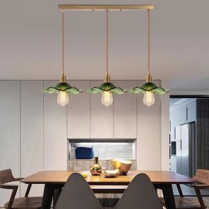 3 Lampes Suspension avec abat-jour en Verre Vert en forme de feuille de lotus - Industriel Vintage Barre Lustre Bar - SMOTOP