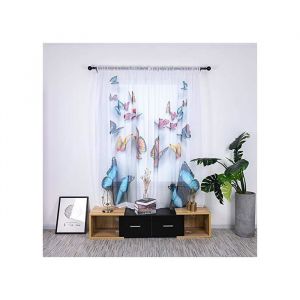 Rideaux voilage blanc papillons color&eacute;slot de 2 panneaux maille 135x200 cm pour petites fen&ecirc;tres et salon