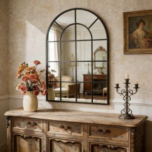 Grand miroir rond &agrave; bords ondul&eacute;s - miroir mural avec cadre en m&eacute;tal textur&eacute; pour salle de bain entr&eacute;e et salon Noir 75 x 101cm