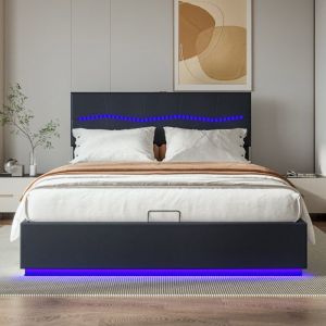 Lit coffre 180x200 cm avec LED et chargement USB lit 180x200 avec sommier à lattes tissu en PU noir