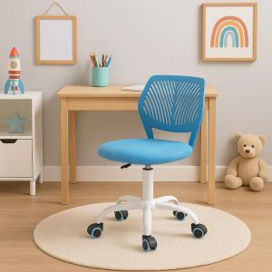 URBAN MEUBLE Chaise de bureau enfant réglable - Dossier ajouré bleu - Assise rembourrée - Pivotante à roulettes
