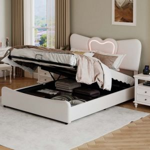 Lit coffre 140x200 cm avec sommier Lit hydraulique avec LED et USB Lit 2 personnes Lit 140x200 avec sommier en velours beige