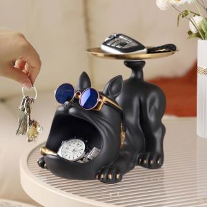 Plateau Cl&eacute; Entr&eacute;e Statue Bouledogue Vide Poche Bol Cl&eacute; Entr&eacute;e Bulldog Sculpture en R&eacute;sine Statue avec Plateau Plateau Rangement