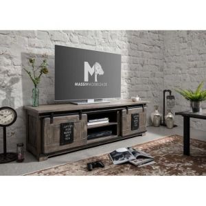 Meuble TV 160x45 Manguier laqu&eacute; blanchi RAILWAY N&deg; 301