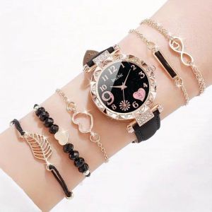 Montre Femme - Coffret Montre - 5 Bracelets Élégants - Cuir Souple - Quartz - Analogique