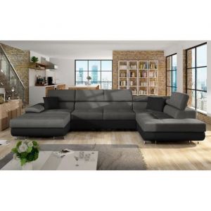 COTORE - Canapé dangle panoramique en U - en simili et tissu - Gris foncé et noir