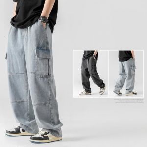 Jean cargo jean droit jean à double poche Printemps nouveau pantalon salopette rétro vieux délavé jeunes hommes