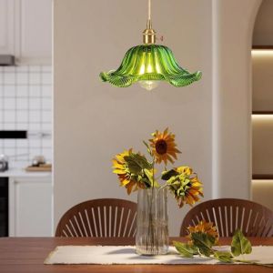 WOTTES Suspension avec abat-jour en verre en forme de feuille de lotus style industriel vintage lampe Cuisine (Vert 1pcs)