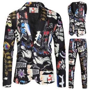 Costume Homme 3 Pi&egrave;ces - WX62 - Imprim&eacute; No&euml;l - Mariage Business Fit - Noir