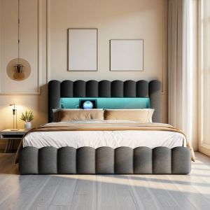 Lit double en lin gris - Lit 140x190 cm - Lit coffre avec rangement et LED - Lit 2 personnes - Tête de lit ondulée - Sommier inclus