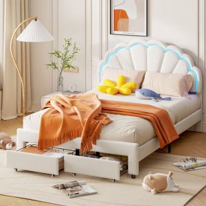 Lit Fille 140x200 cm avec LED Lit de Rangement avec 2 Tiroirs Lit Double Capitonné Lit Adult avec Tête de Lit Réglable Blanc