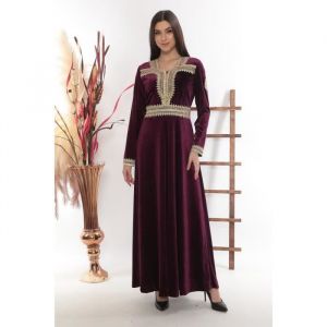 Caftan marocain - Prune - Tenue orientale abaya karakou djellaba - Broderies dorées et perles