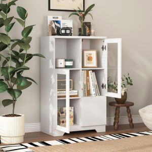 Meuble en MDF laqu&eacute; avec portes vitr&eacute;es et tiroir rangement ouvert blanc chambre salon Buffet de cuisine