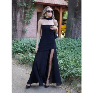 Robe longue femme élégante bustier–Robe soirée été fluide avec voile transparent–Tenue mariagecocktailvacances–Noir